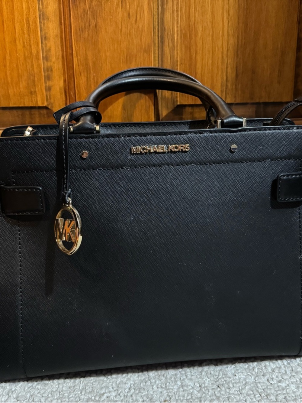 Michael Kors Black Saffiano Leather Satchel with Gold Hardware